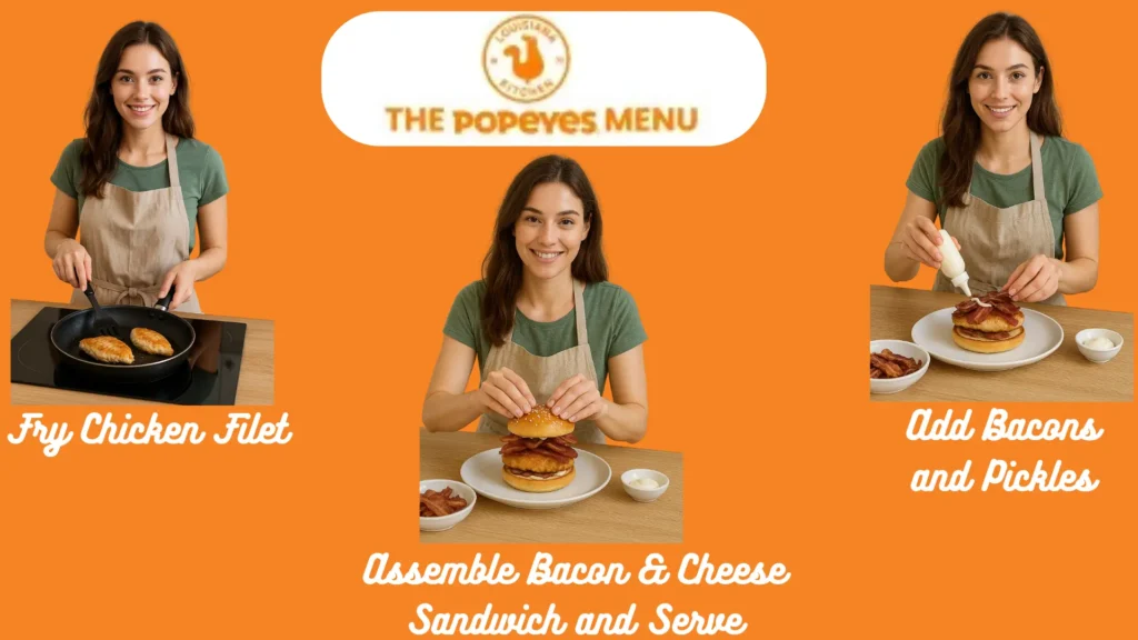 Popeyes Bacon and Cheese Sandwich | Price, Recipe & Review | 2025 2 Infographic showing cooking steps of cheese & bacon sandwich